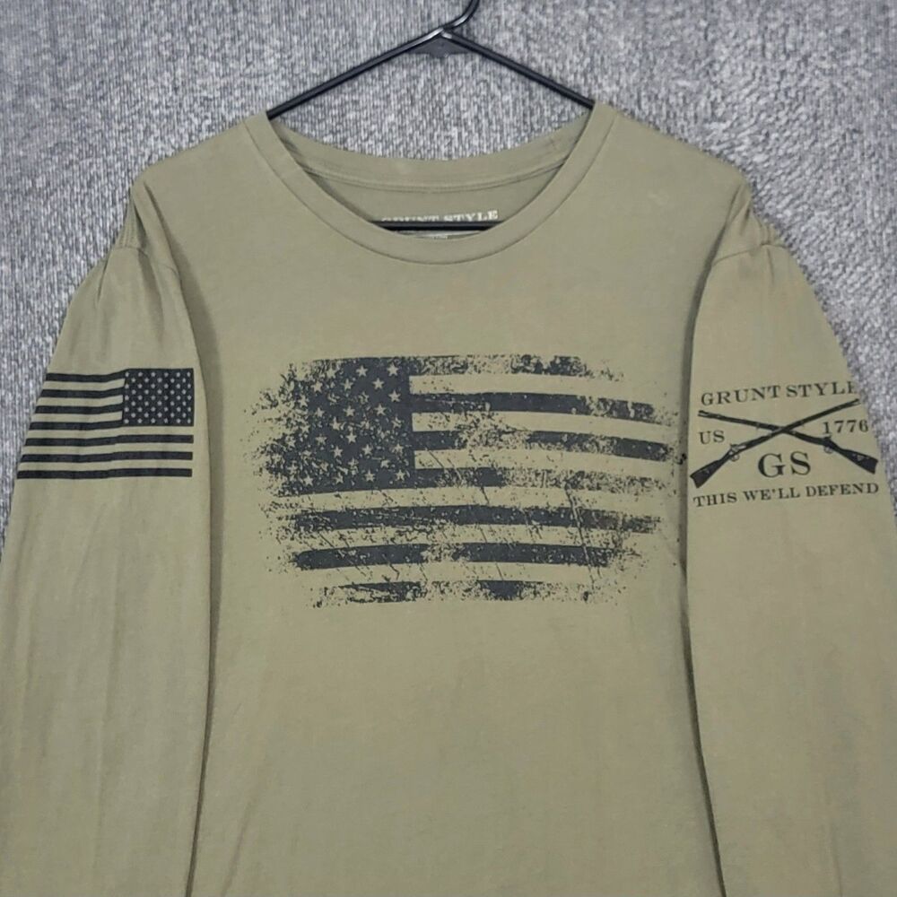 Grunt Style T-Shirt Mens Large Green Long Sleeve American Flag Graphic Tee